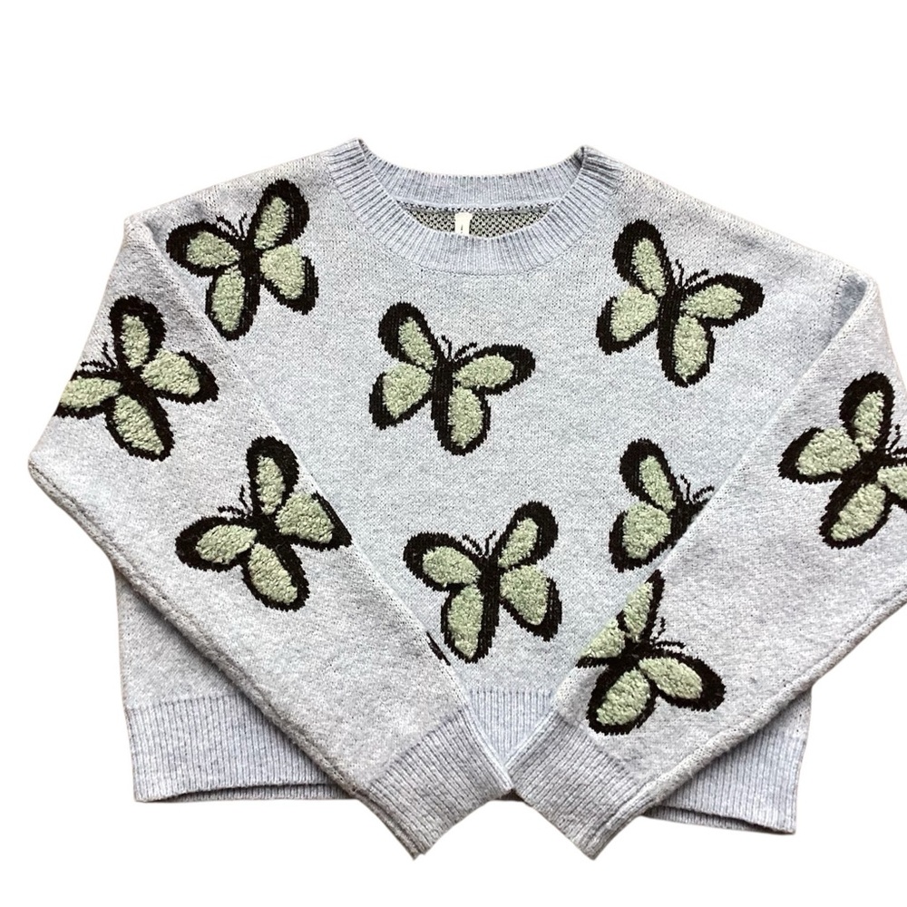 Light Blue Crewneck Sweater with Green & Black Butterfly Details
